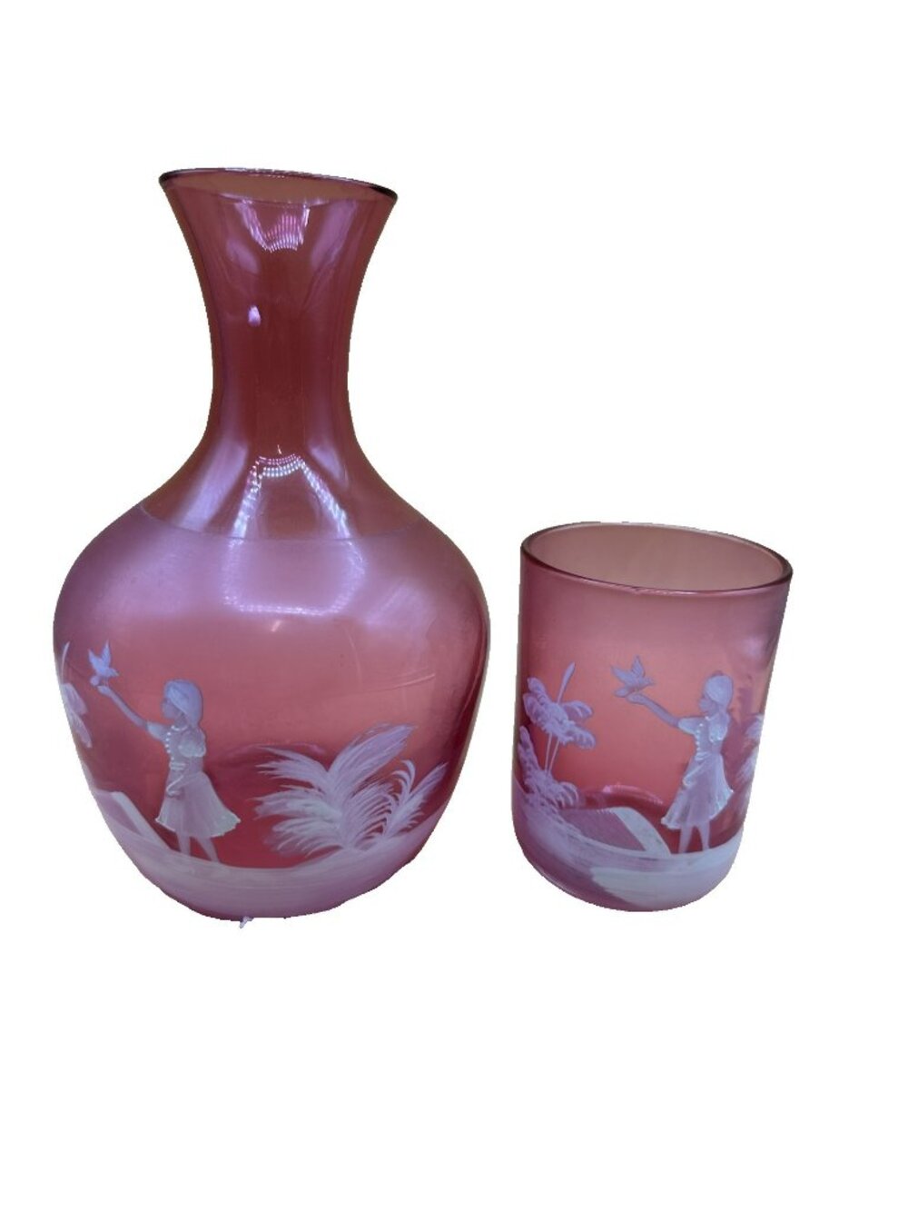 Mary Gregory Style Bedside Cranberry Glass Carafe Girl With A Bird With Glass